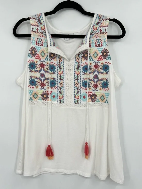 J. Jill Embroidered Sleeveless Knit Tank Top Tassel Tie Floral White Boho Medium - Picture 6 of 14